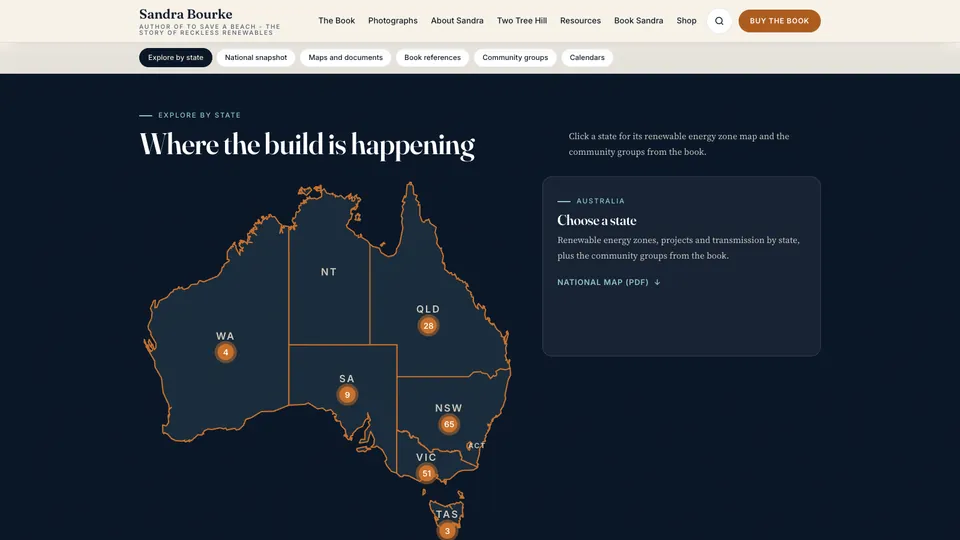 The Explore by state map on sandrabourke.com, an outline of Australia with the number of community groups in each state