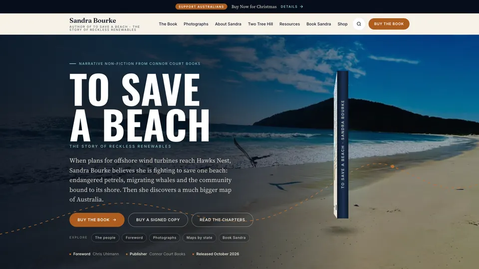 The sandrabourke.com homepage we built: the To Save a Beach title over a beach photo, with buy buttons and the book
