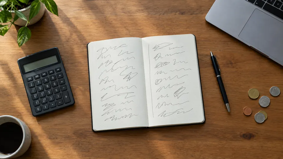 A desk with a calculator, a notebook of two hand-drawn columns, coins and a laptop