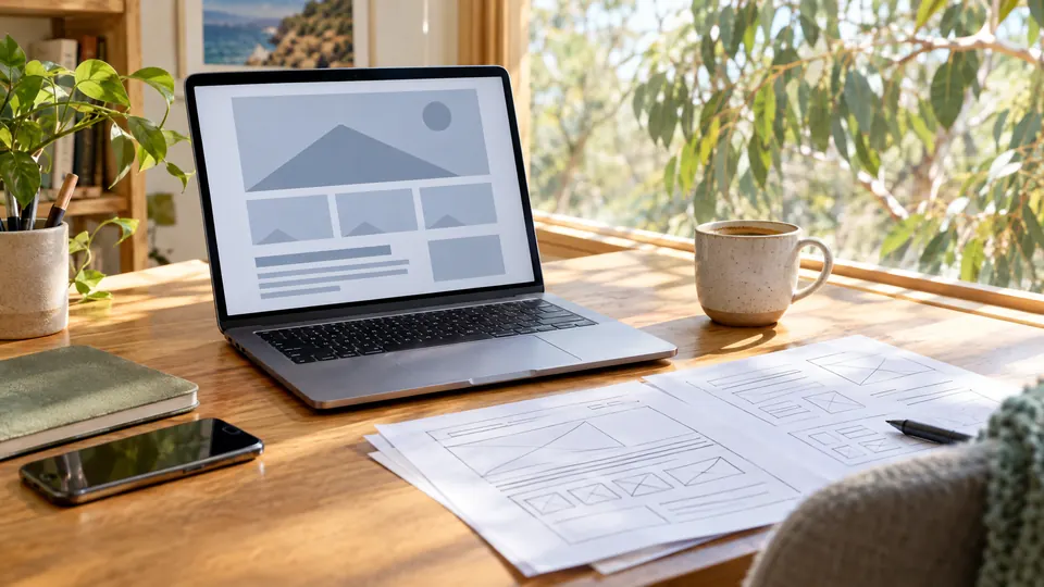 A web designer's desk with a laptop website layout and paper wireframes, gum trees outside