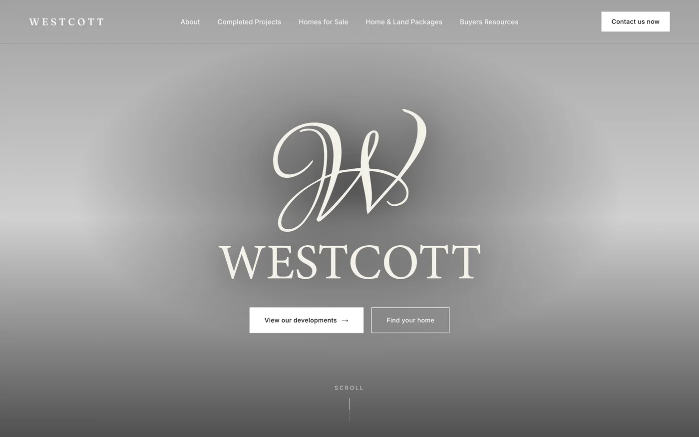 Westcott Developments homepage, showing the monogram over a full-bleed development render